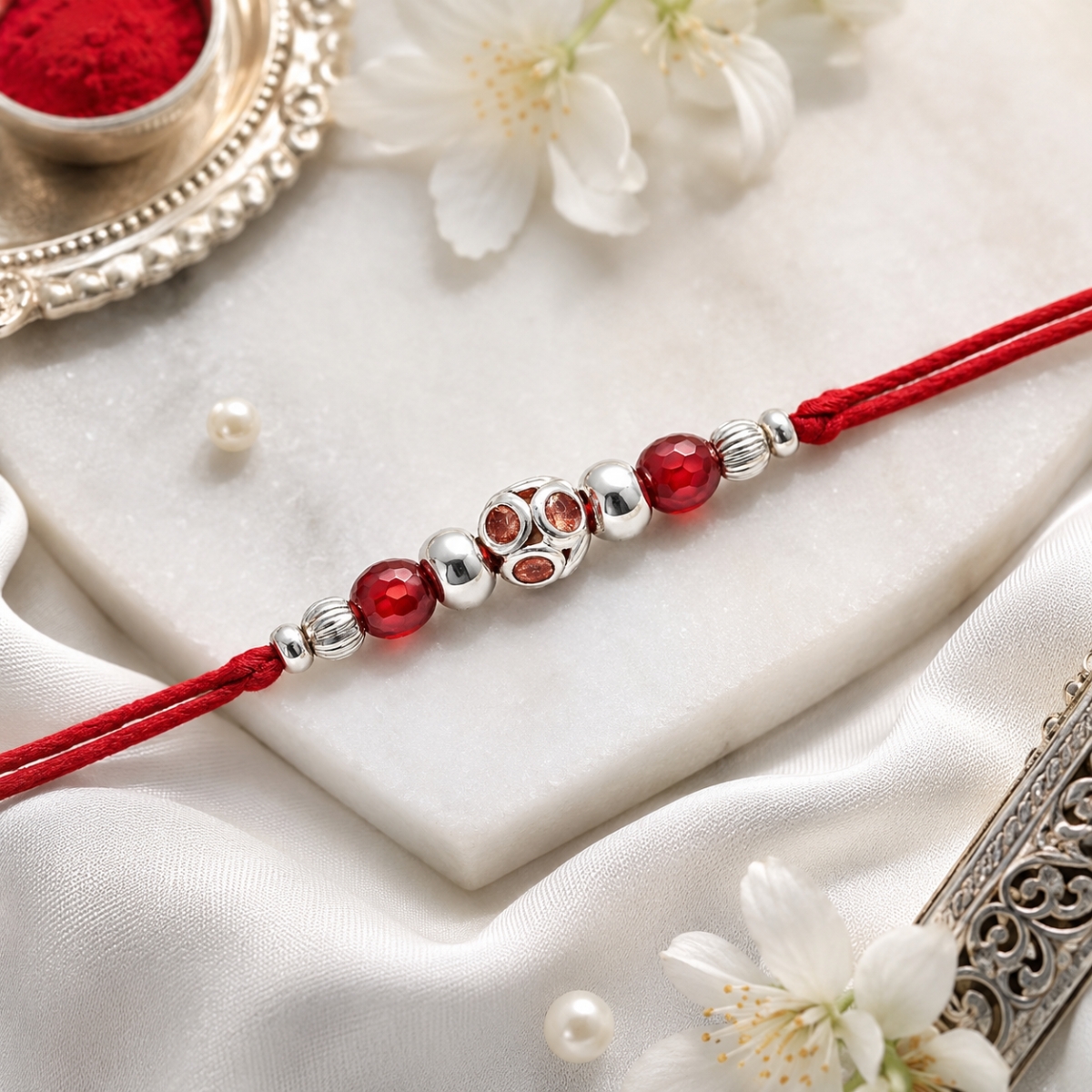Silver Rakhi Red Crystal And Silver Charm Design For Mens